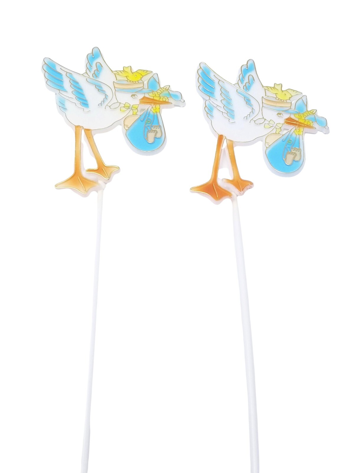 12 Plastic blue stork in flight shower favors appliques floral cupcake picks 4×3