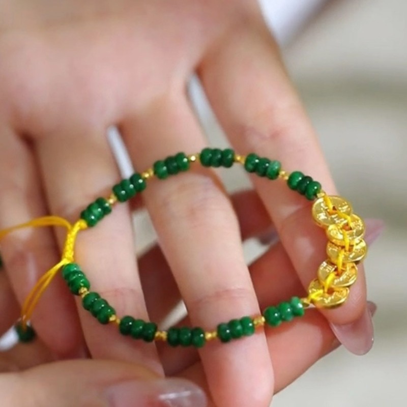 Chinese Green Chalcedony Beads Woven Bracelet Hand Rope Luck Wealth Blessing