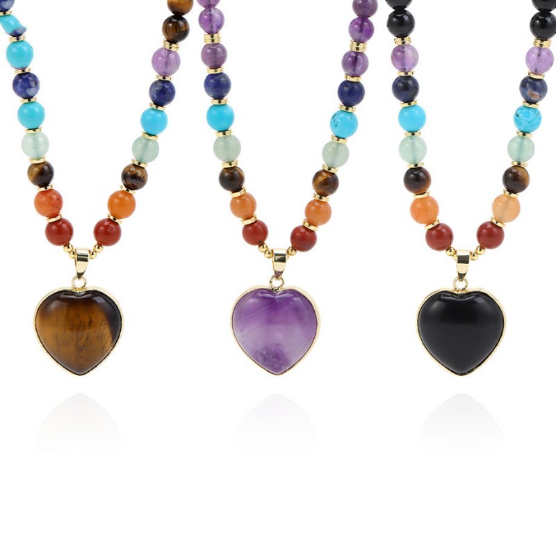 7 Chakra Crystal Heart Pendant Necklace, Healing & Balancing Beaded Necklace