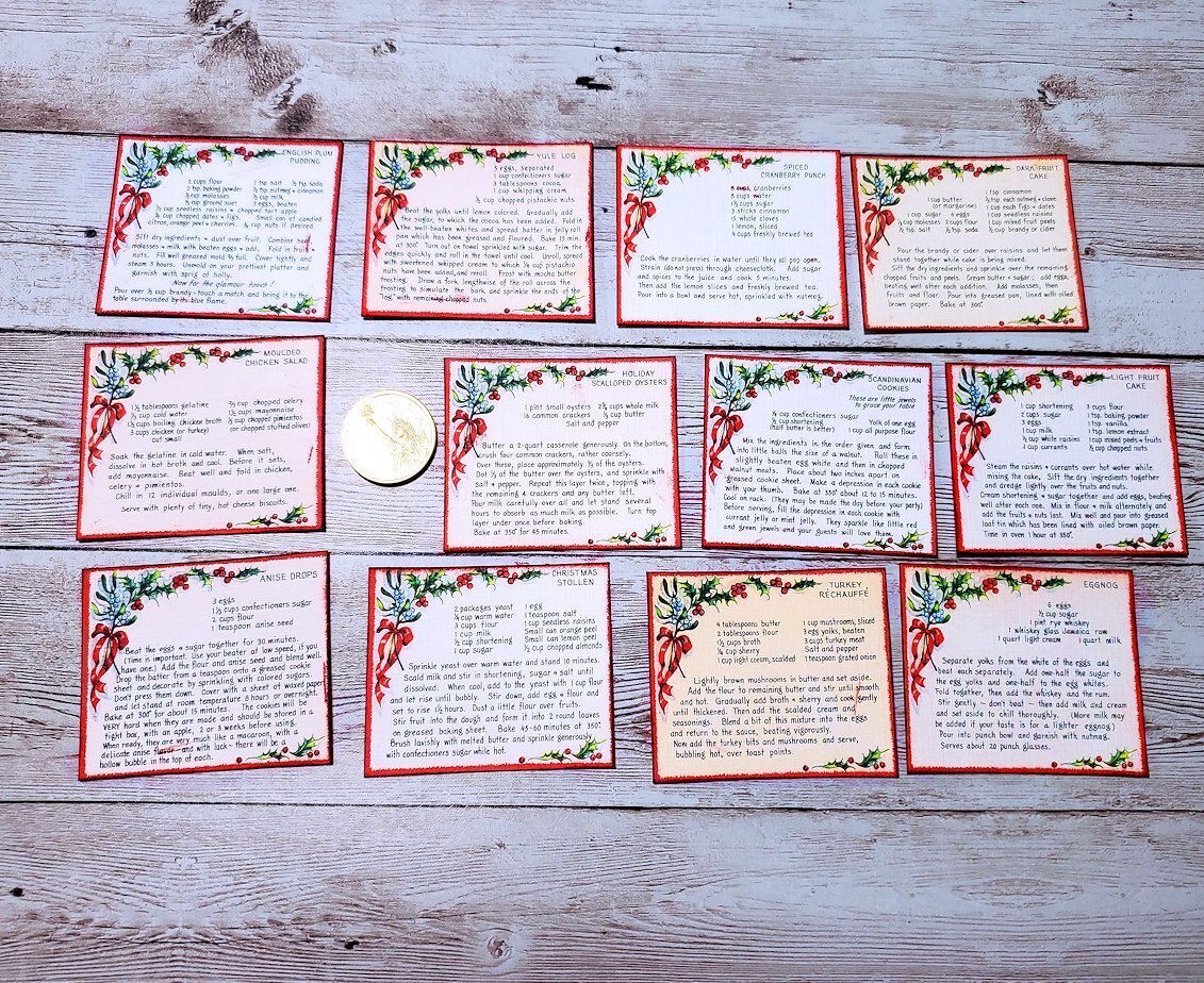 12-Christmas-Retro-Mid Century-1950s-Mini-Recipe Cards-Handmade-Linen Cardstock