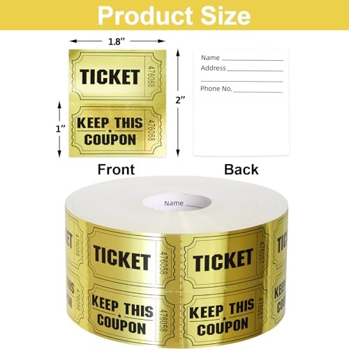 1000 Gold Raffle Tickets Double Roll Metallic Foil Event Prizes