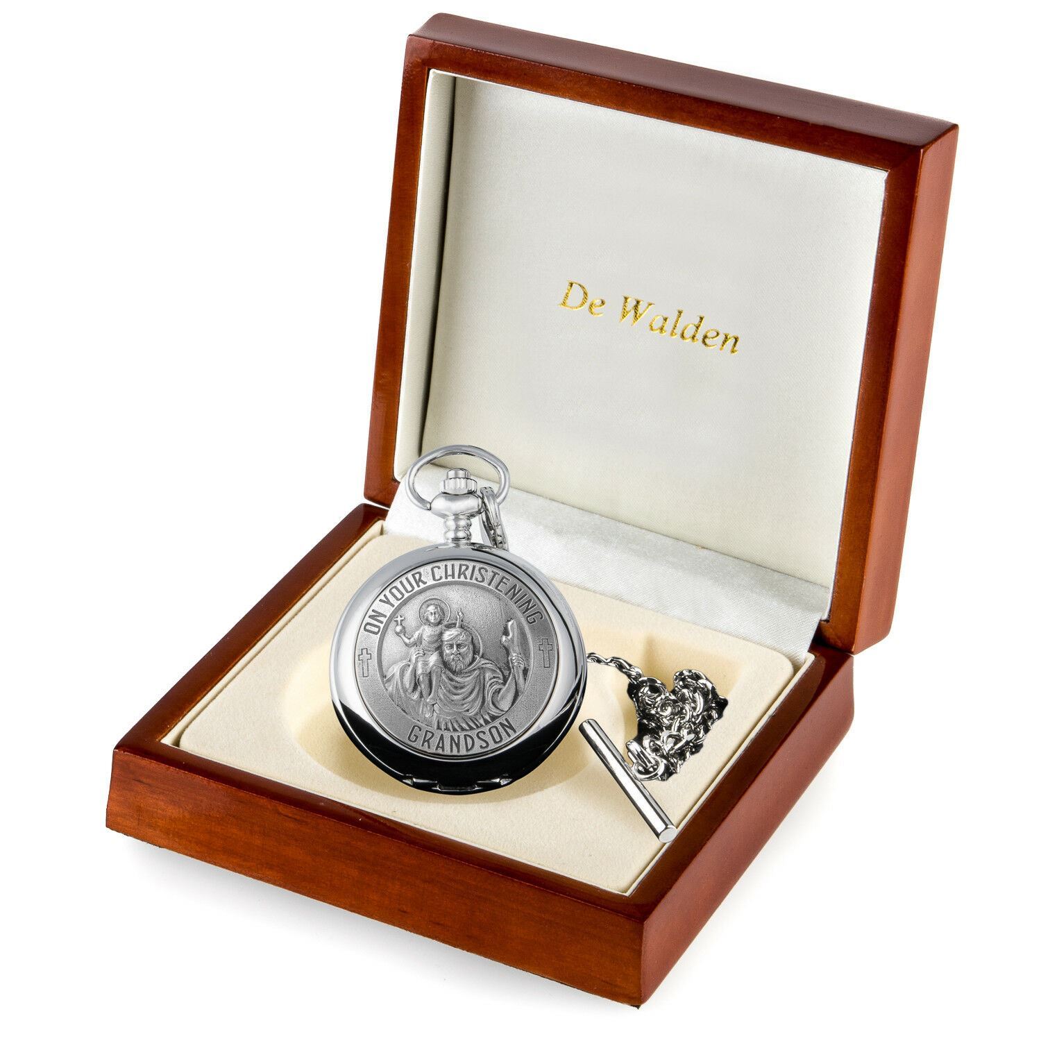 Christening Gift for Grandson Engraved St Christopher Pocket Watch MOP Wood Box