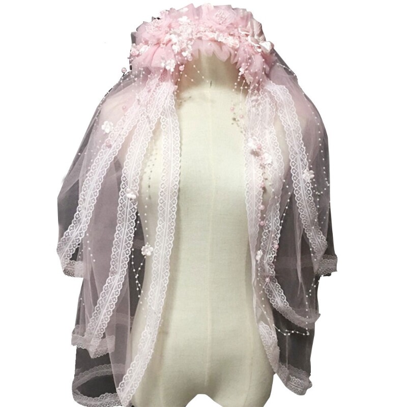 Girls Flower Wreath Headwear Tulle Veils Headband with Beads Tassel Embellished