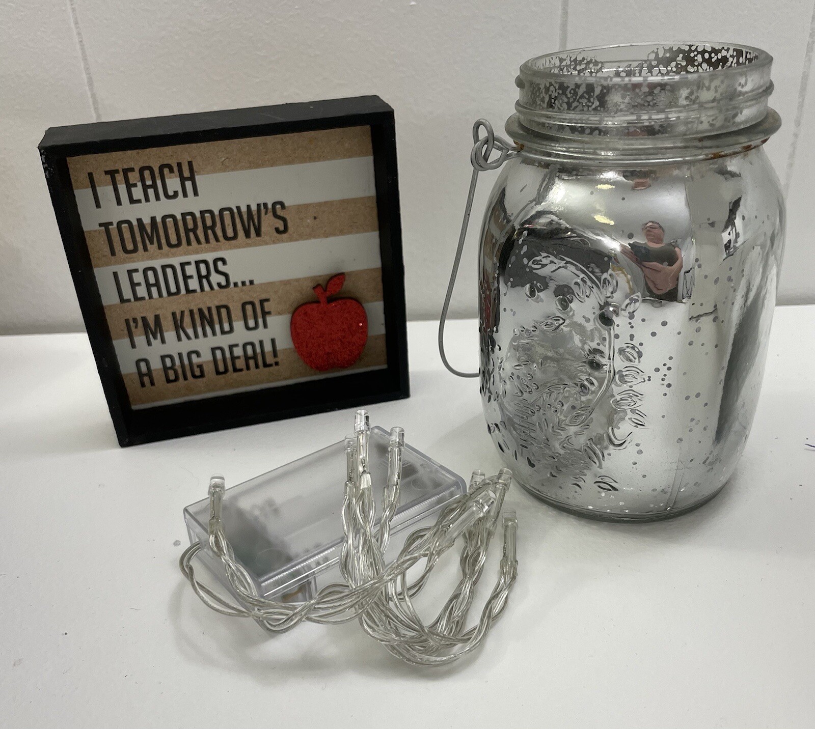 NEW End of Year Teacher Gift: small plaque mason jar light flower blank notecard