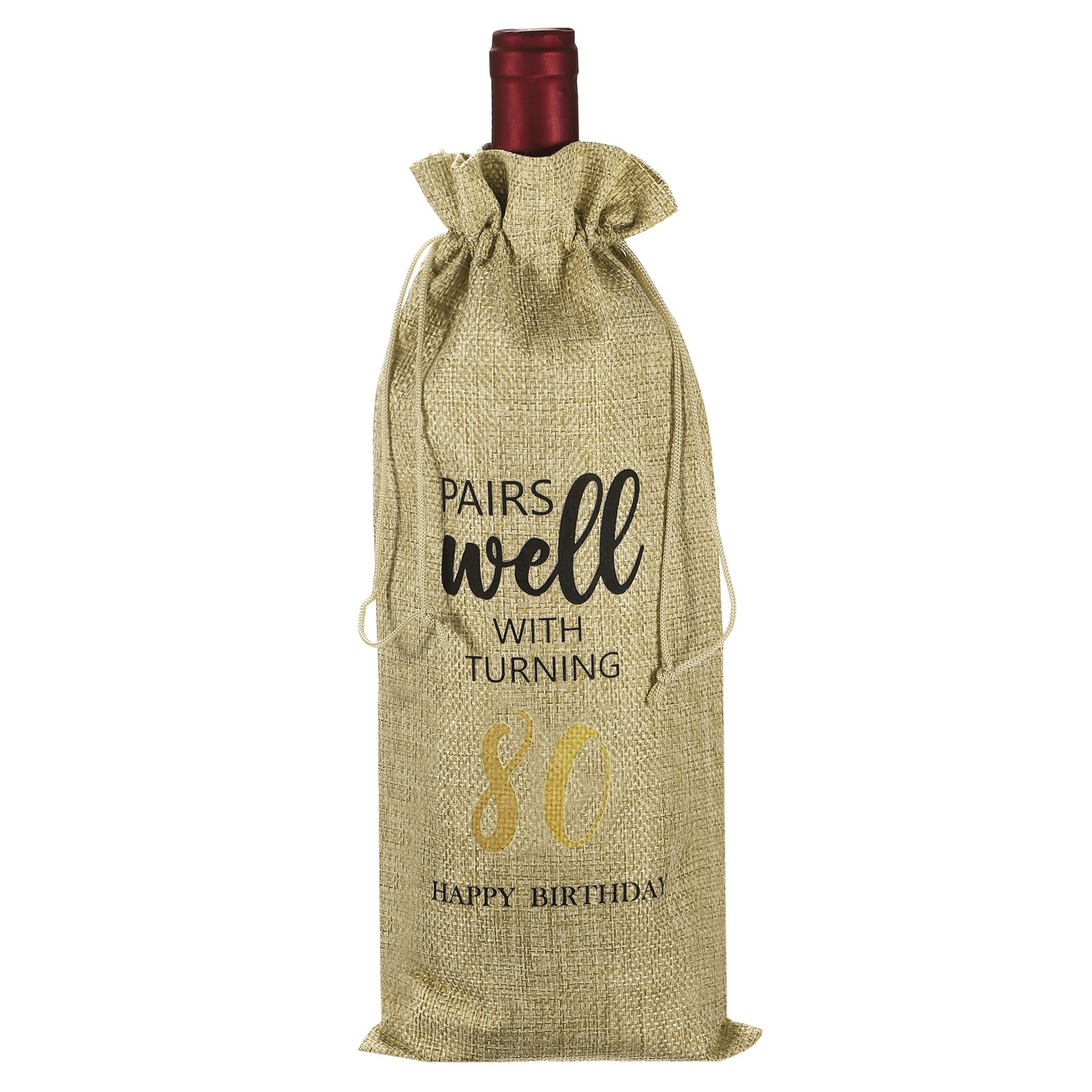 6 x 14 Inch 80th Birthday Gift Wine Bottle Bag with Drawstring, Beige