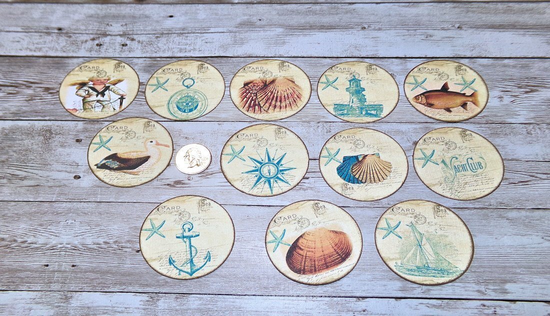 12~Vintage~Nautical~Maritime~Beach~Ocean~Linen Cardstock~Circle~Stickers