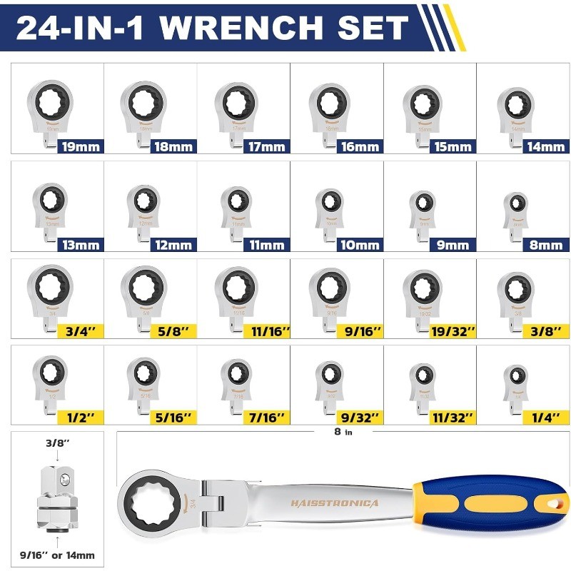 haisstronica 24 in 1 Interchangeable Heads Ratchet Wrench Set with 3/8 in Adapte