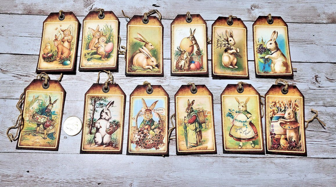12-Easter-Primitive-Vintage-Farmhouse-Bunny-Linen Cardstock-Gift-Hang-Tags