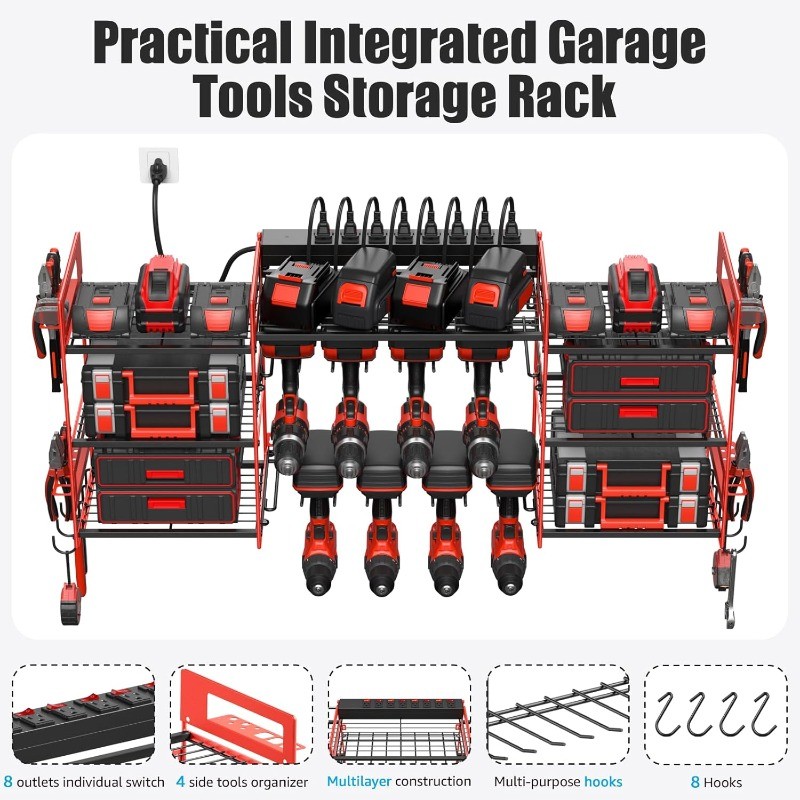 Red Power Tool Organizer Wall Mount, Large Tools and Battery Storage