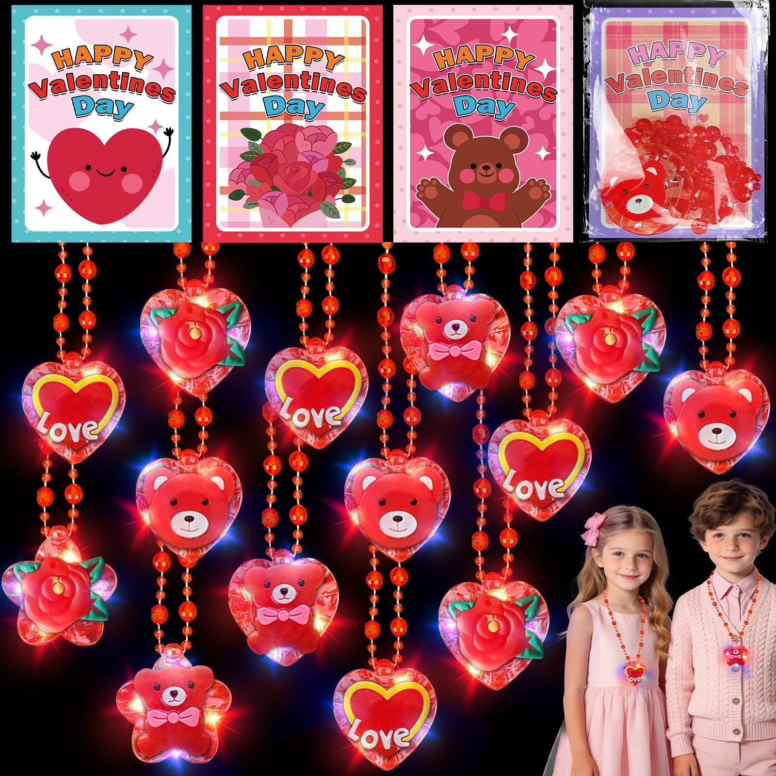 24 Pack Valentines Day Gifts for Kids Light Up Red Heart & Bear Necklaces