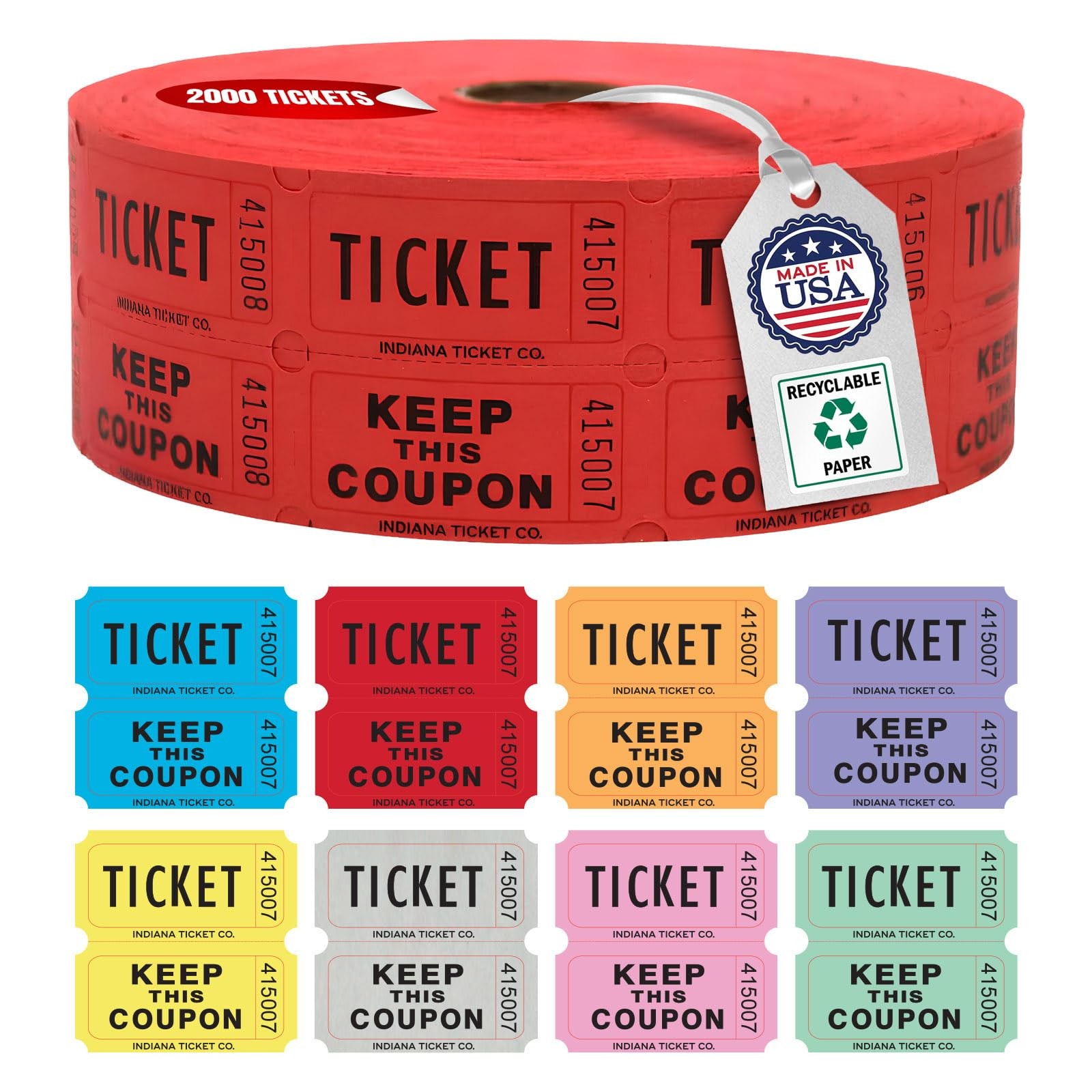 INDIANA TICKET CO. 2,000 Red Raffle Tickets Double Roll, Premium Quality 50/5…