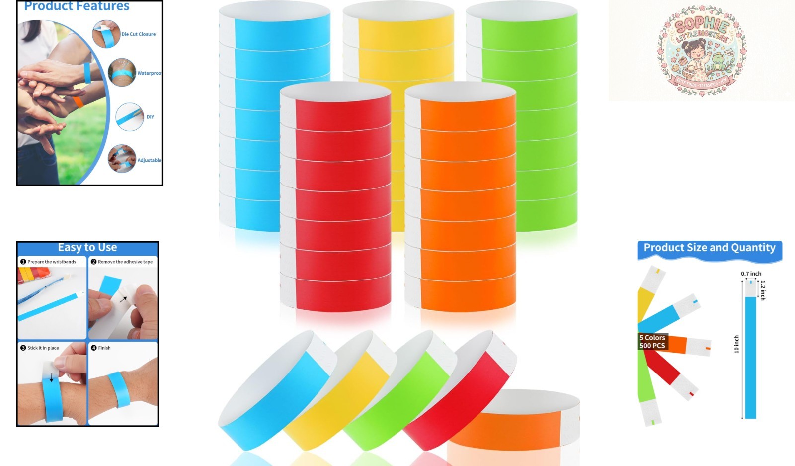 Vibrant Mixed Color Wristbands – 500 Self-Adhesive Waterproof Bands for Events
