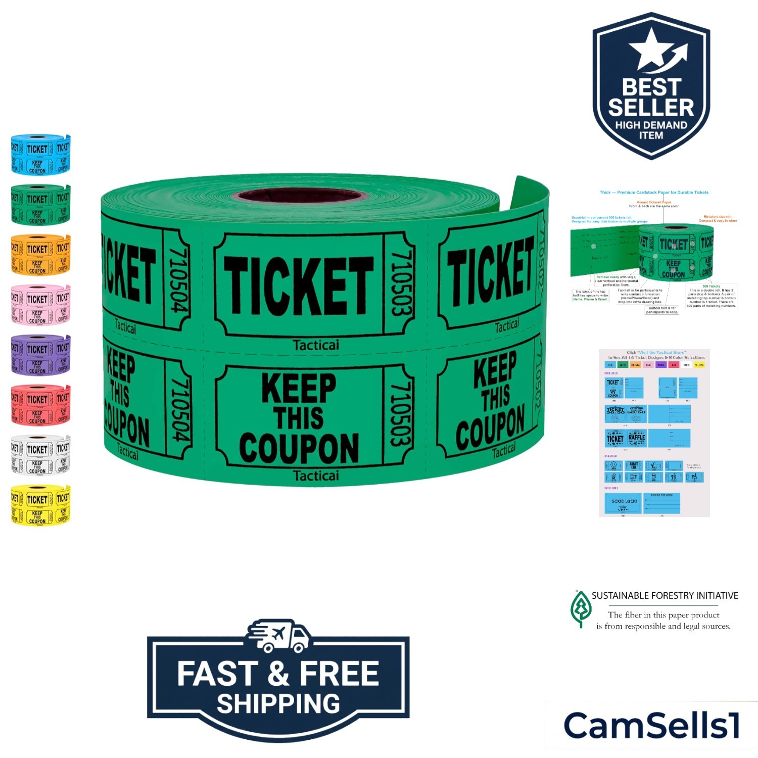 500 Raffle Tickets, Green 1 of 8 Colors, Double Roll, Ticket for Events, Entr…