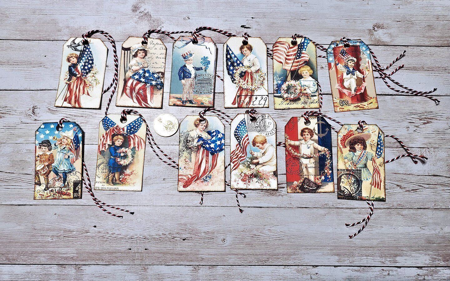 12~Vintage~July 4th~Patriotic~Junk Journal~~Linen Cardstock~Gift~Hang~Tags