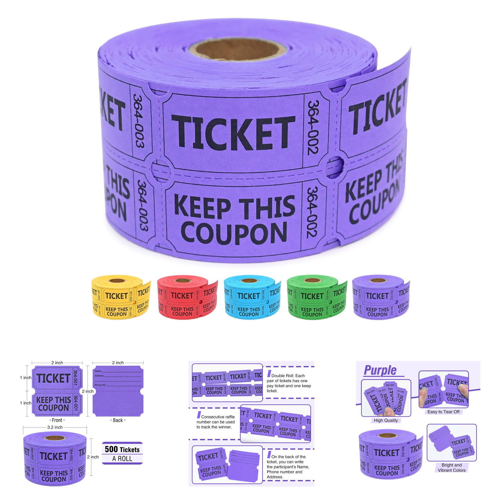 Raffle Tickets Roll Double 500 Count with Name Phone Number for Events Classroom