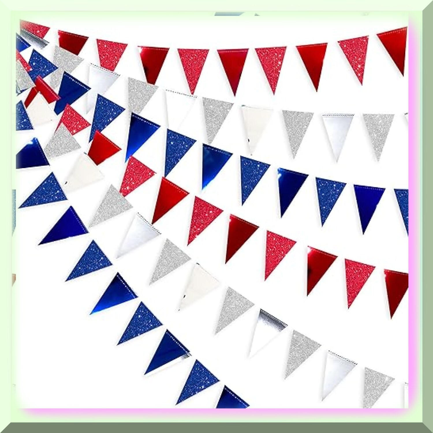 30ft Tri-Color Patriotic Pennant Banner with Glitter Flags