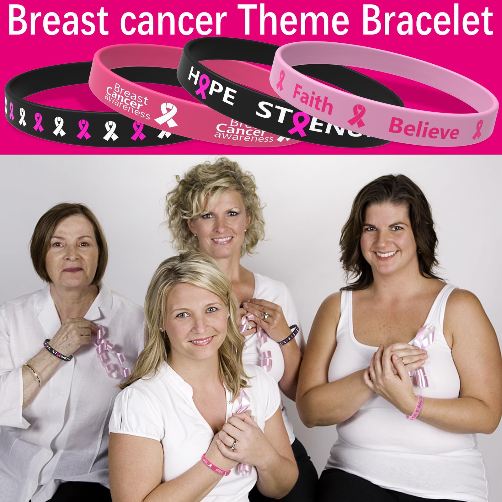 Wehhbtye 60 Pcs Breast Cancer Awareness Silicone Wristbands – 8 inches, Black