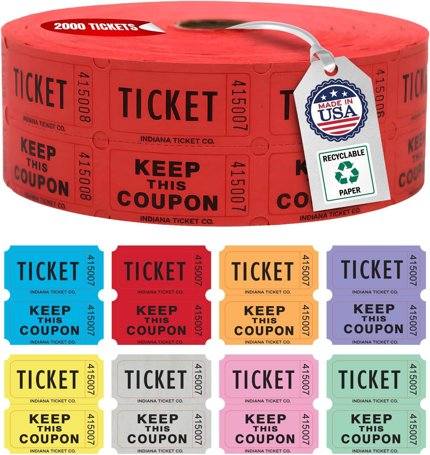 Raffle Tickets Roll, 50/50, Red, 2000 Tickets per Roll Made in USA | Premium raf