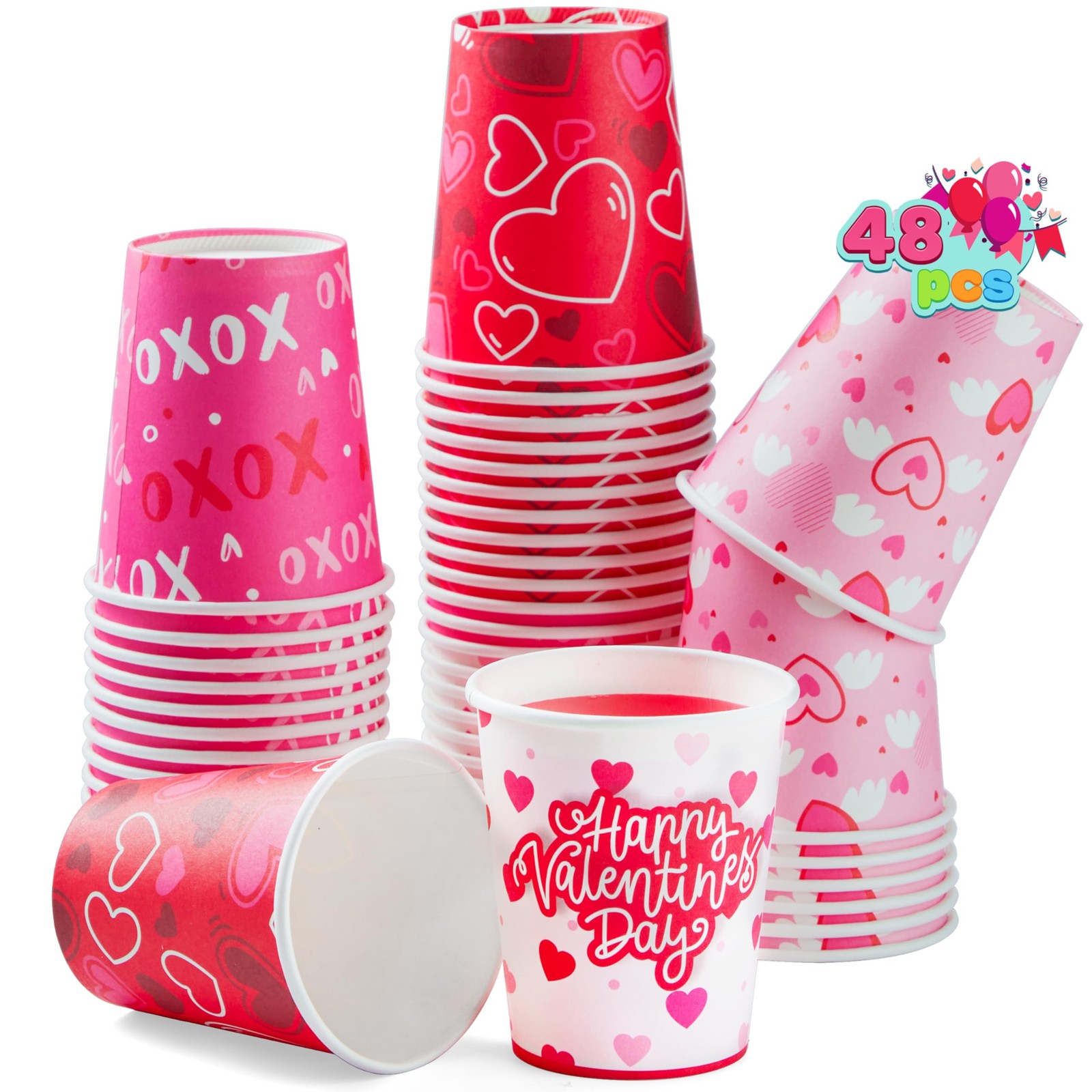 48 Pcs Valentine’s Day Disposable Cups, Paper Cocoa Cups with Pink Red Heart D