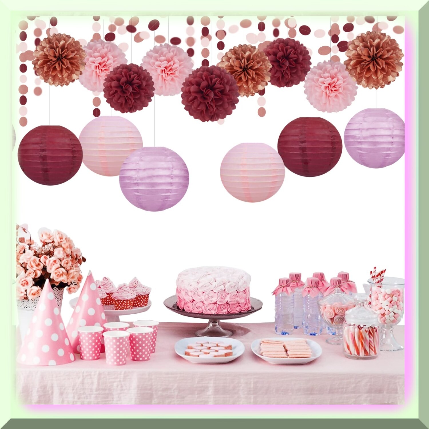 Pink Burgundy Rose-Gold Party Decor Kit with Tissue Pom Poms and Paper Flowers