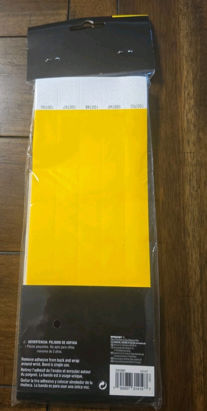 BRAND NEW AMSCAN WRISTBANDS YELLOW, 250 COUNT, GLOWS UNDER BLACK LIGHT