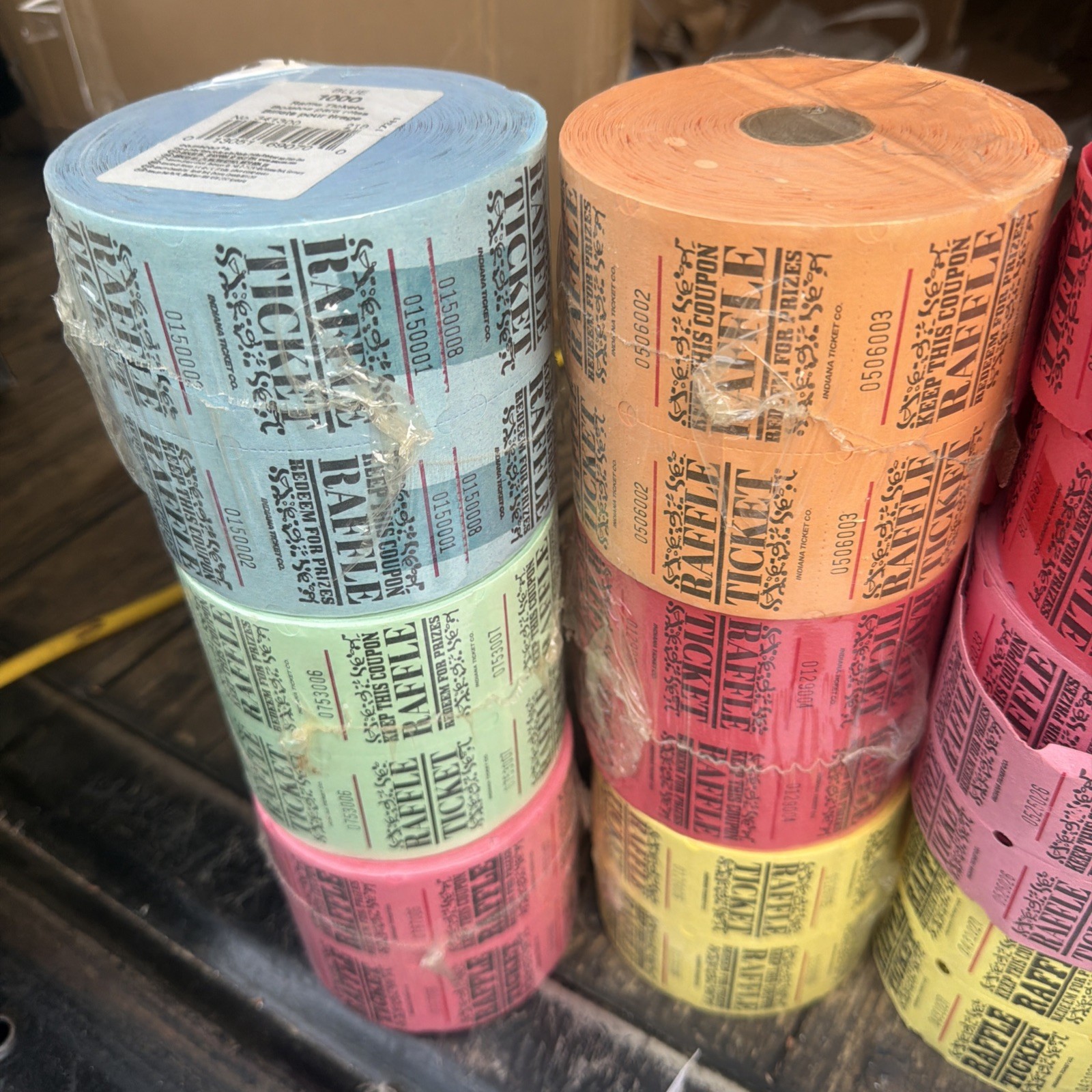 Rolls of double raffle tickets.