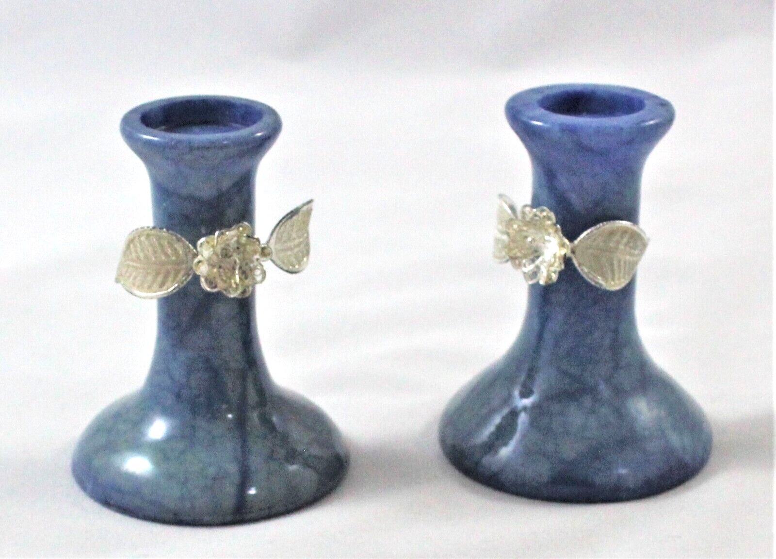 Set Of 6 Communion Christening Birth Silver Candle Holder In Blue Stone