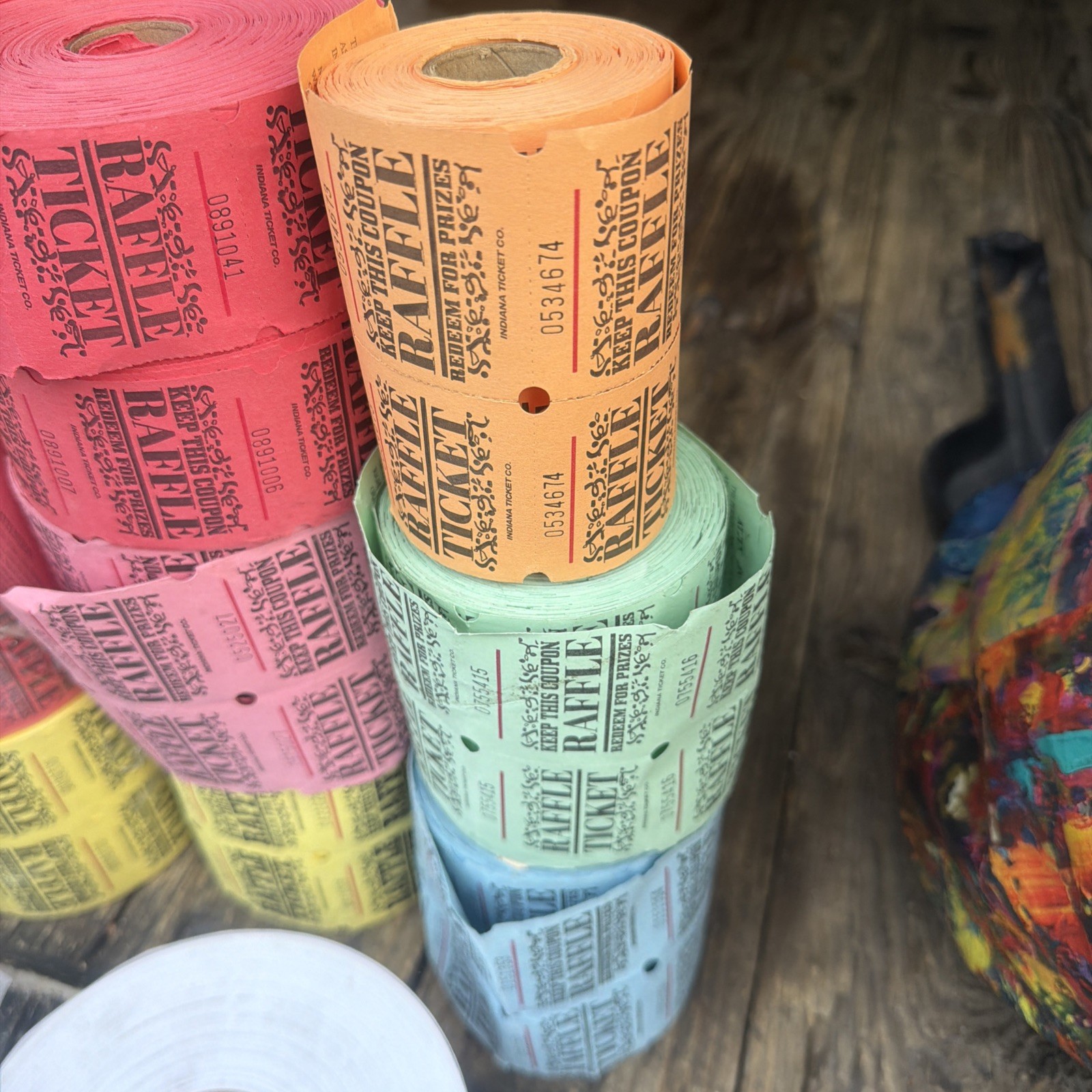 Rolls of double raffle tickets.