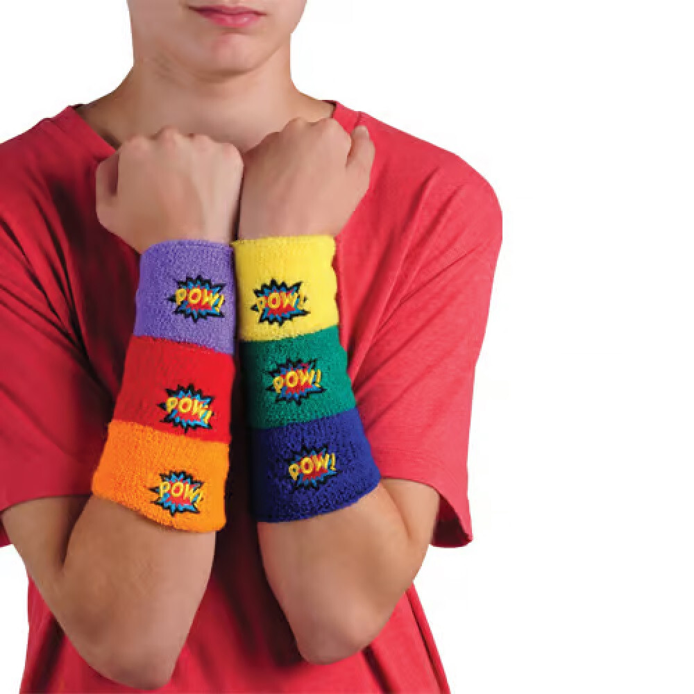 Superhero Pow! Wristbands (12 Pack) Fabric in assorted Colors.