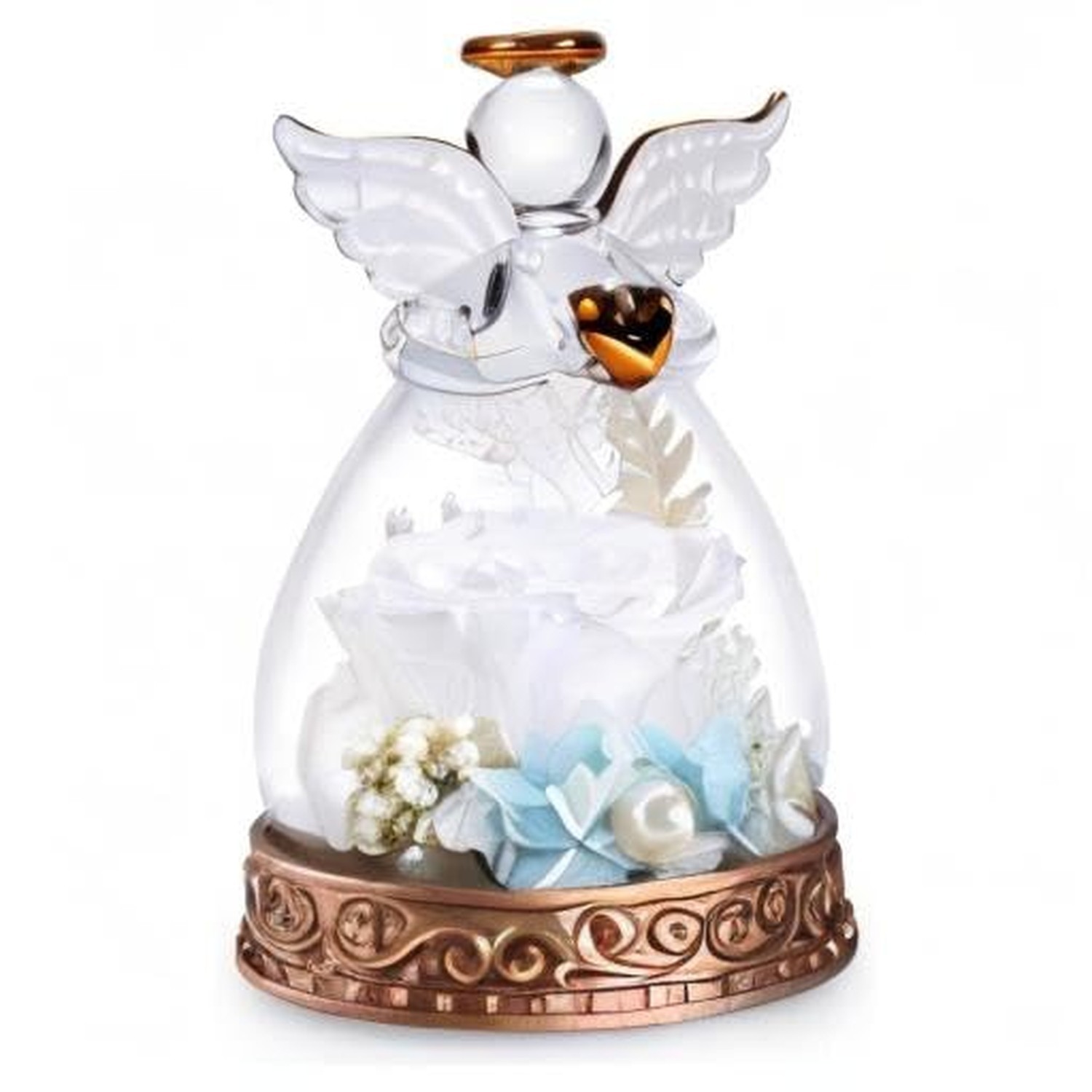 Preserved Real Rose in Glass Angel Figurine with LED Light, Angel Gifts for W…