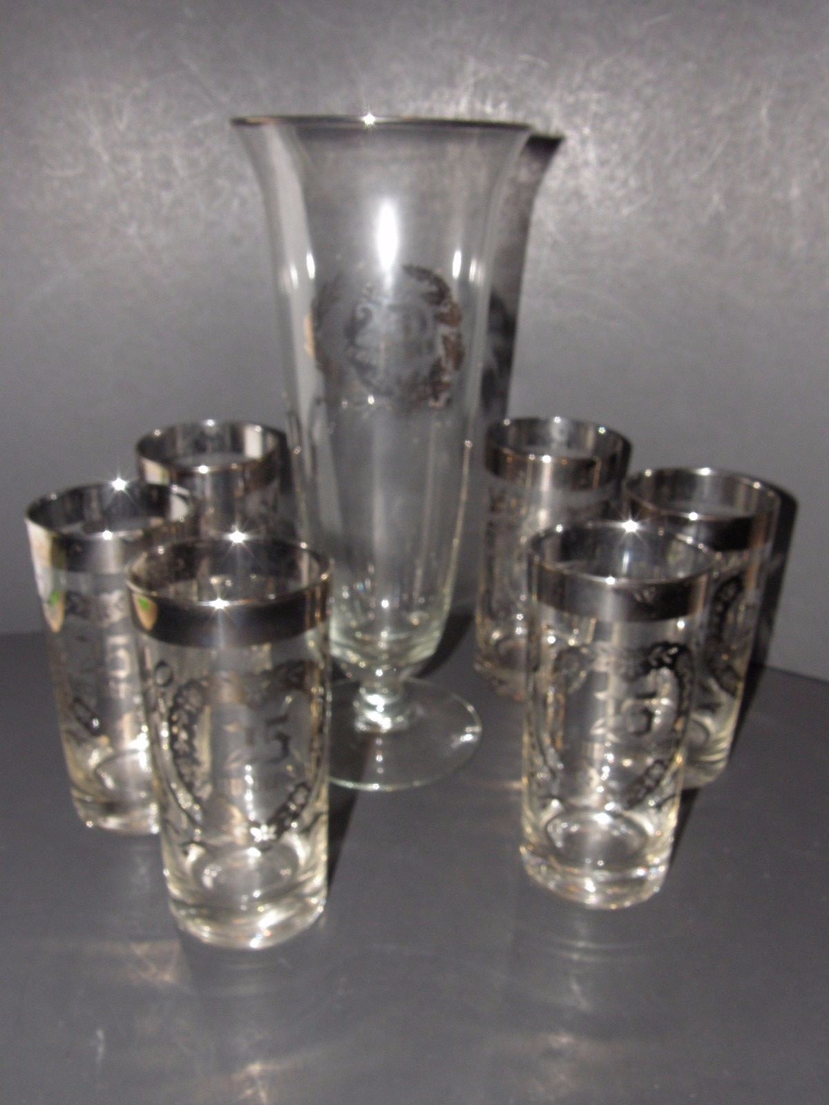 LOT OF 7 PCS. 25th SILVER ANNIVERSARY PITCHER AND GLASS SET WITH SILVER ACCENTS