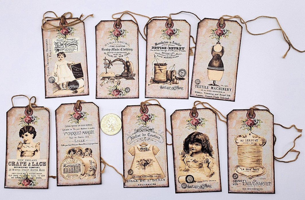 9~Ephemera~Handmade~Linen Cardstock~Grey~Sewing~French~Gift~Hang~Tags