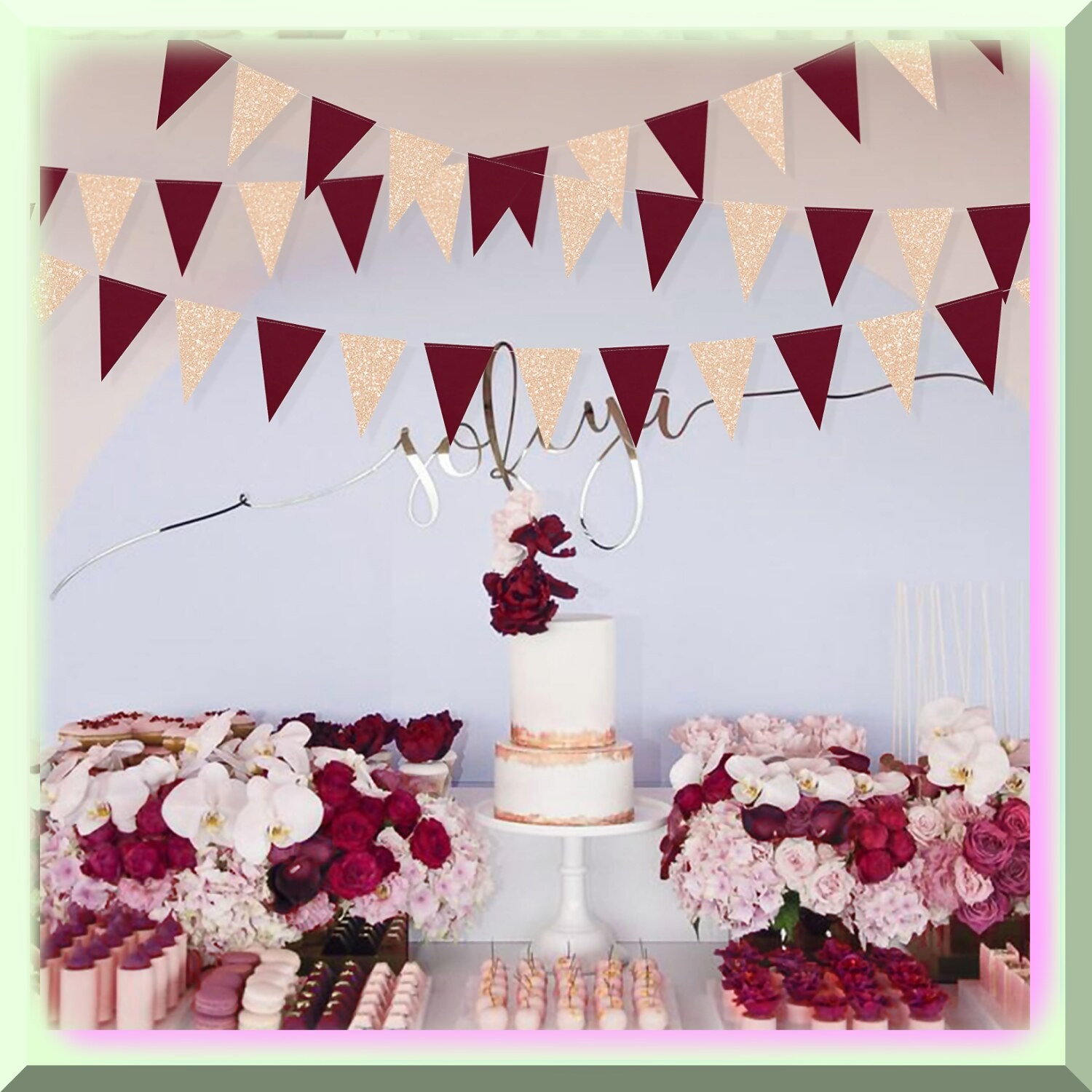 Maroon Champagne Gold Triangle Banner for Celebrations