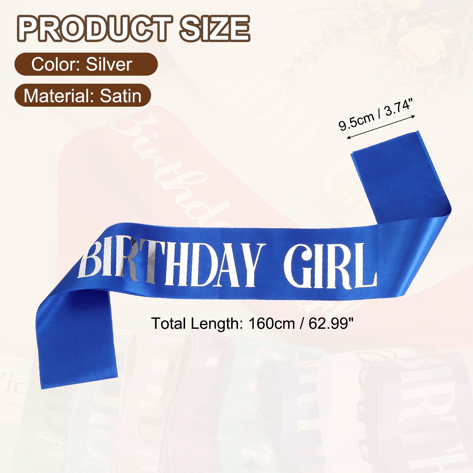 Birthday Girls Sash with Pin Silver Lettering for Birthday Party Cobalt Blue