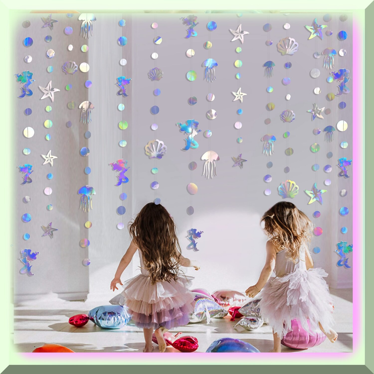 40 Ft Iridescent Mermaid Ocean Garland with Seashells and Jellyfish