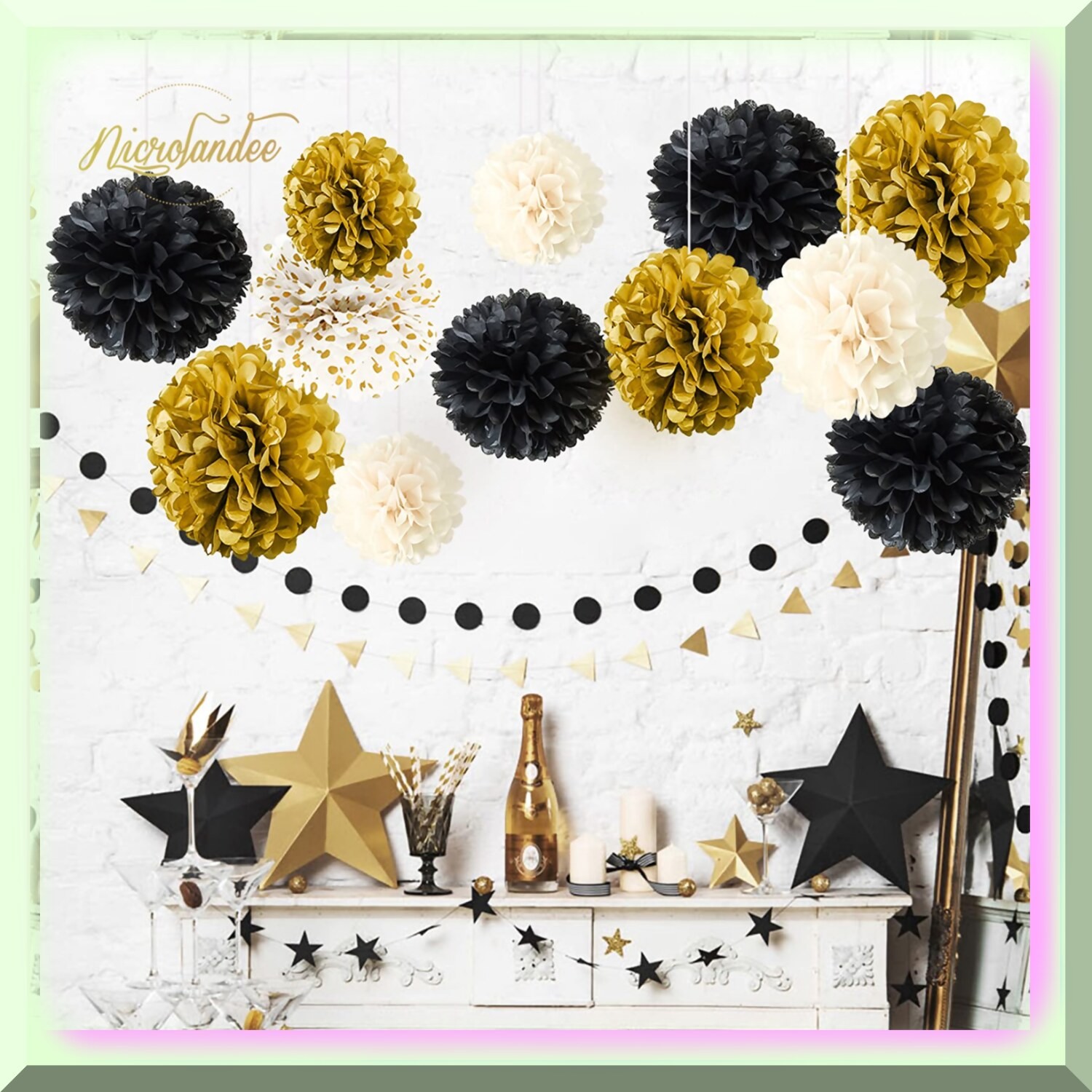 Black, Gold, and White Tissue Paper Pom Poms