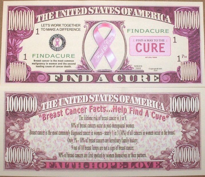 50 Fundraiser Pink Ribbon Breast Cancer Awareness Educational Dollar Money Bills
