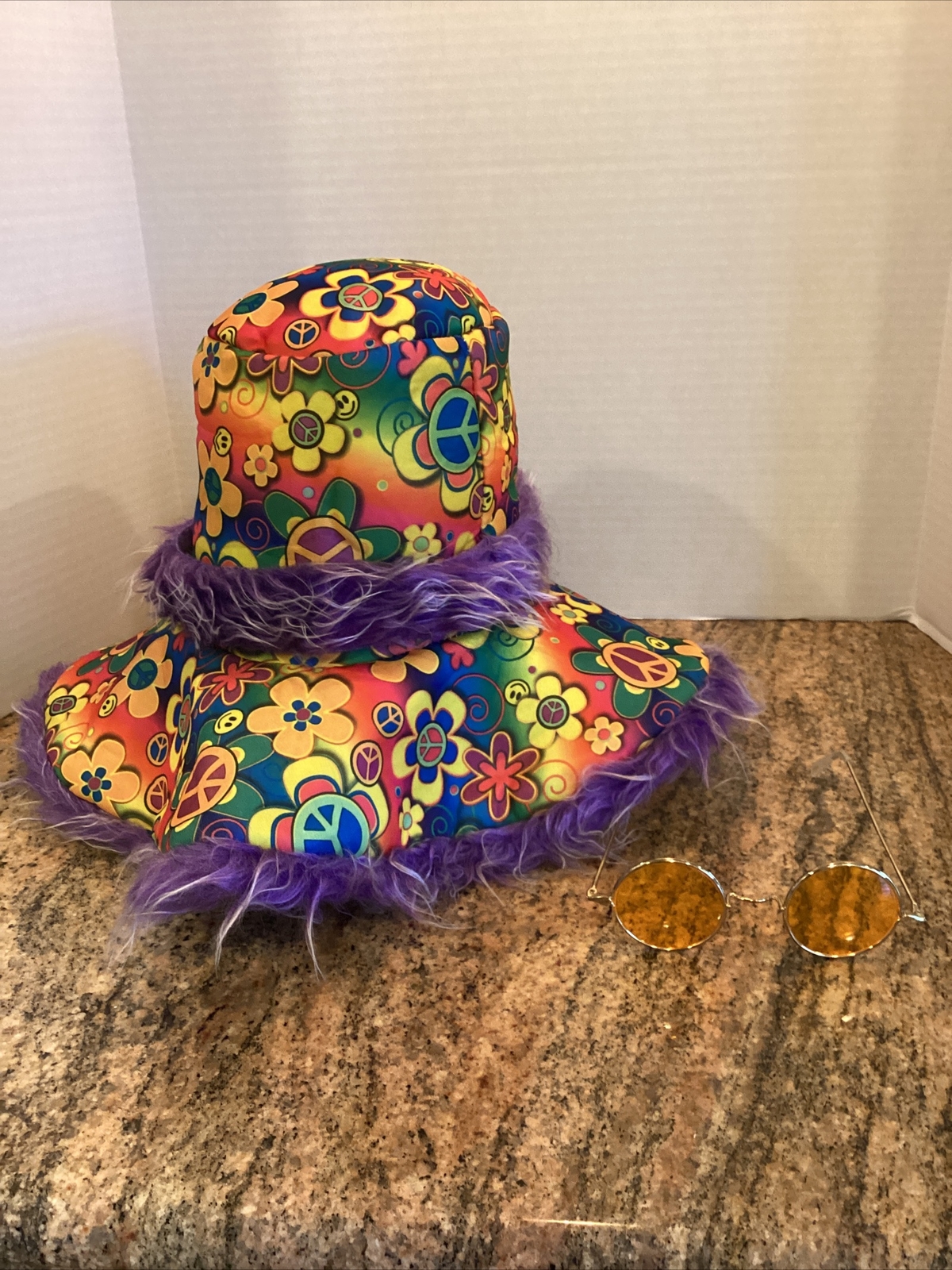 Fuzzy Peace Sign Wide Brim Party Hat Hippie Costume Party and Sunglasses