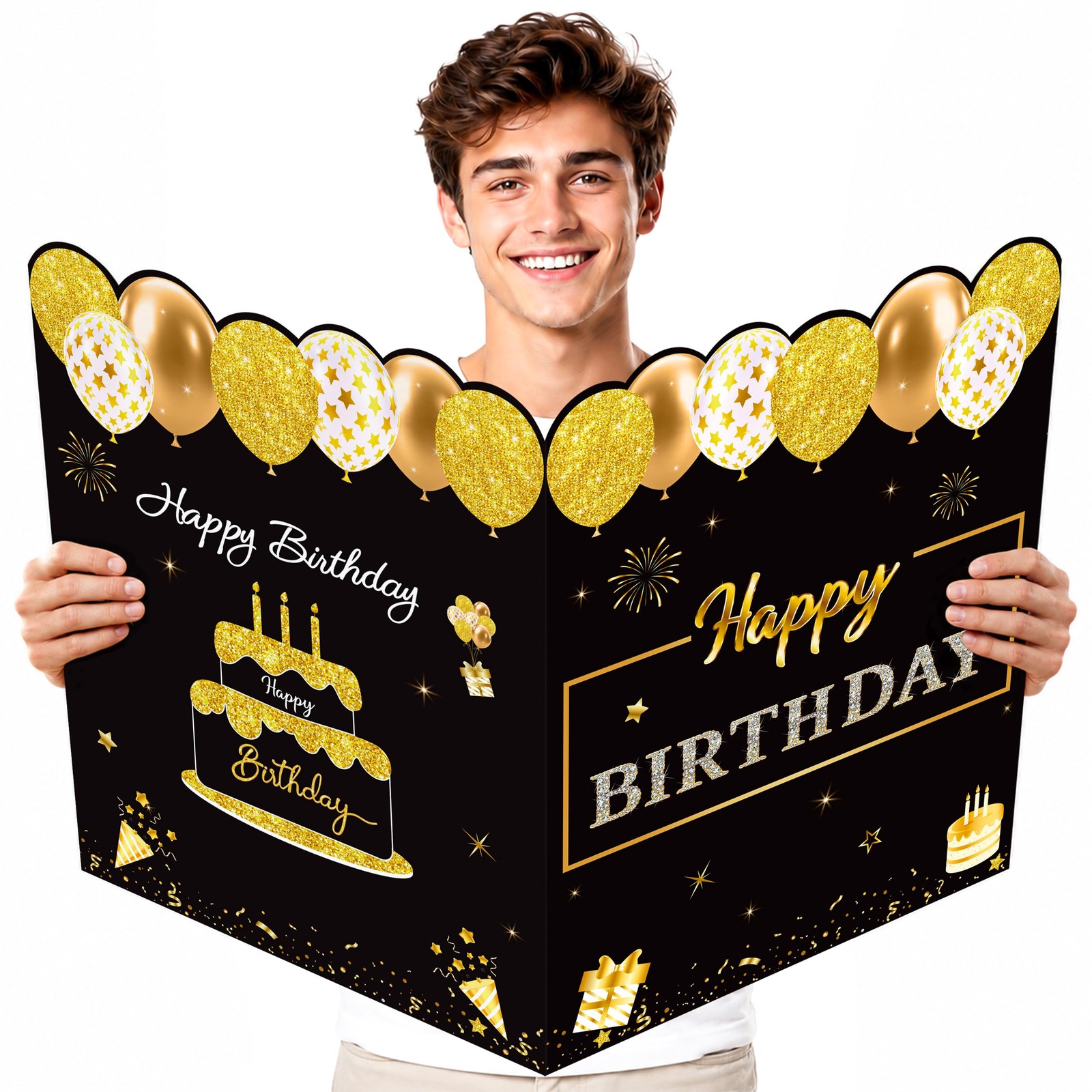 WNINK Jumbo Birthday Card with Envelope, Black 22 x 14 inches, Gold