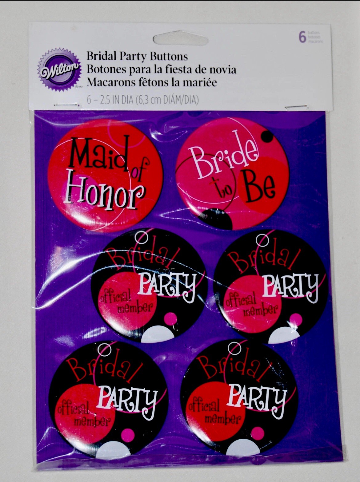 New Wilton 6-Pc Pink and Black Bachelorette Bridal Party Button Set