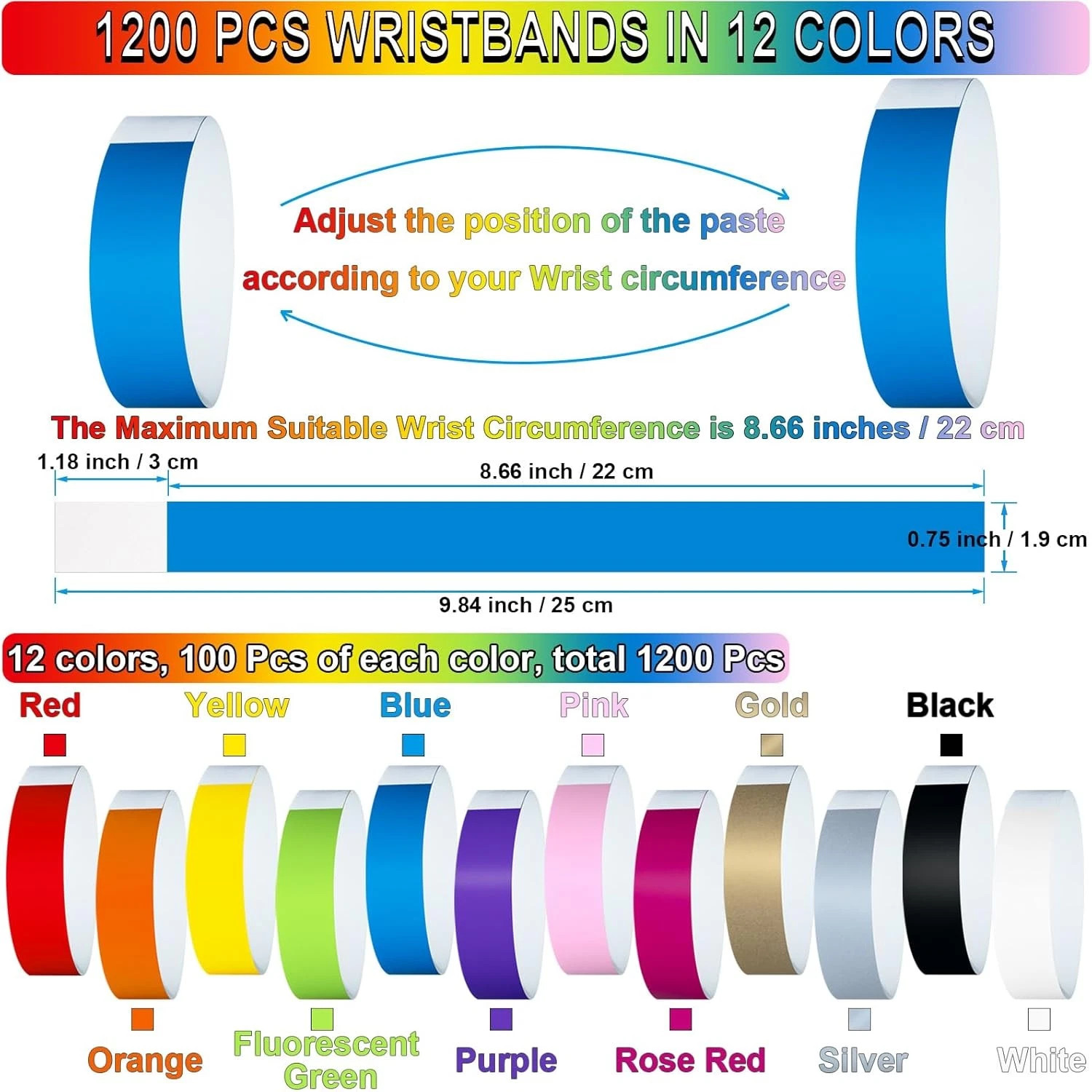 1200 Pcs Plastic Paper Wristbands for Events 9.84 x 0.75 inch, Multicolor