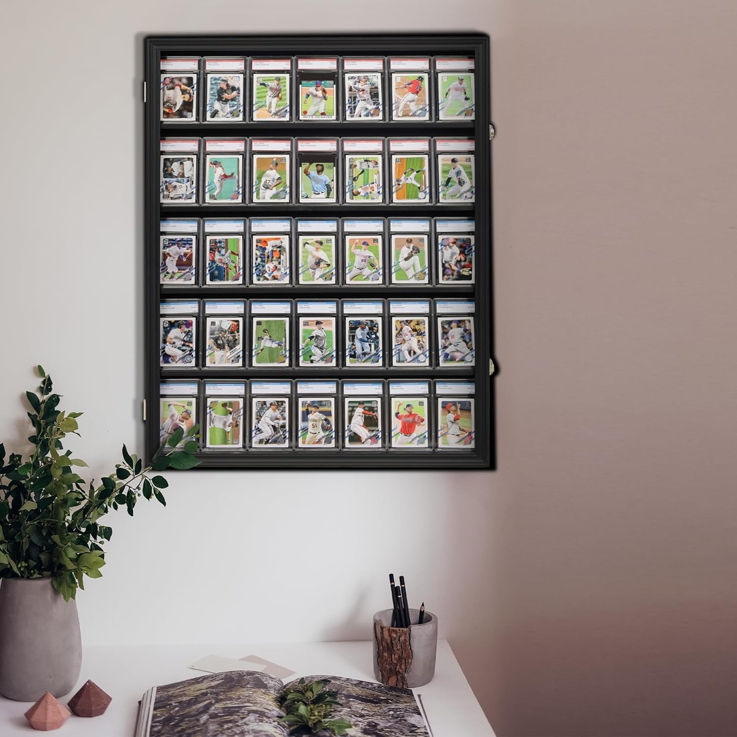 Lockable 35 Graded Sports Card Display Case, for Football, Baseball, Basketball