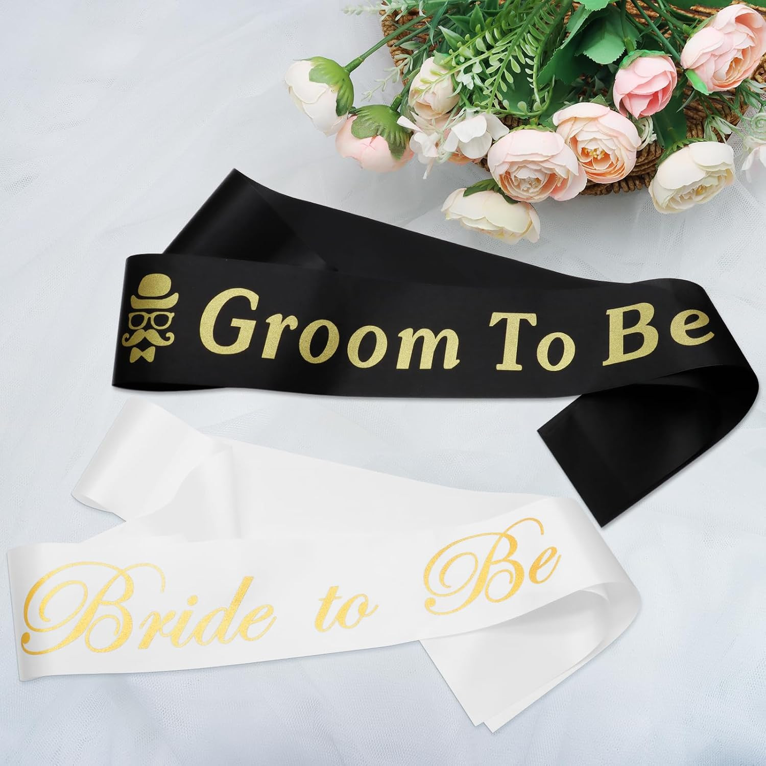 2 Pack Bride to Be and Groom to Be Sash with Gold Foil Lettering, Satin