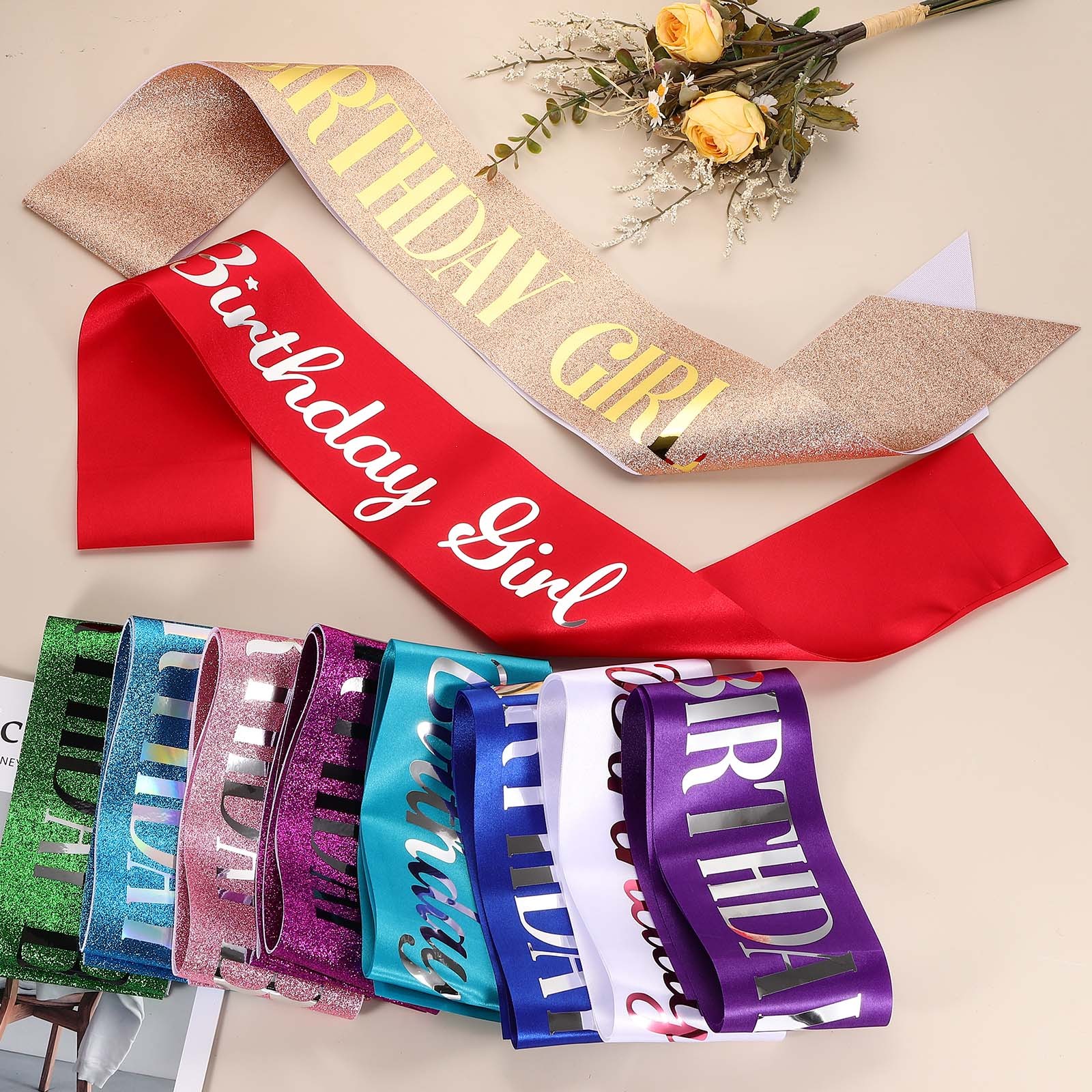 Birthday Girls Sash with Pin Gold Sparkle Lettering for Birthday Party, Blue