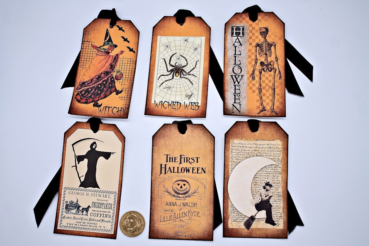 6~Halloween~Vintage~Witch~Spider~Skeleton~Linen Cardstock~Gift~Hang~Tags