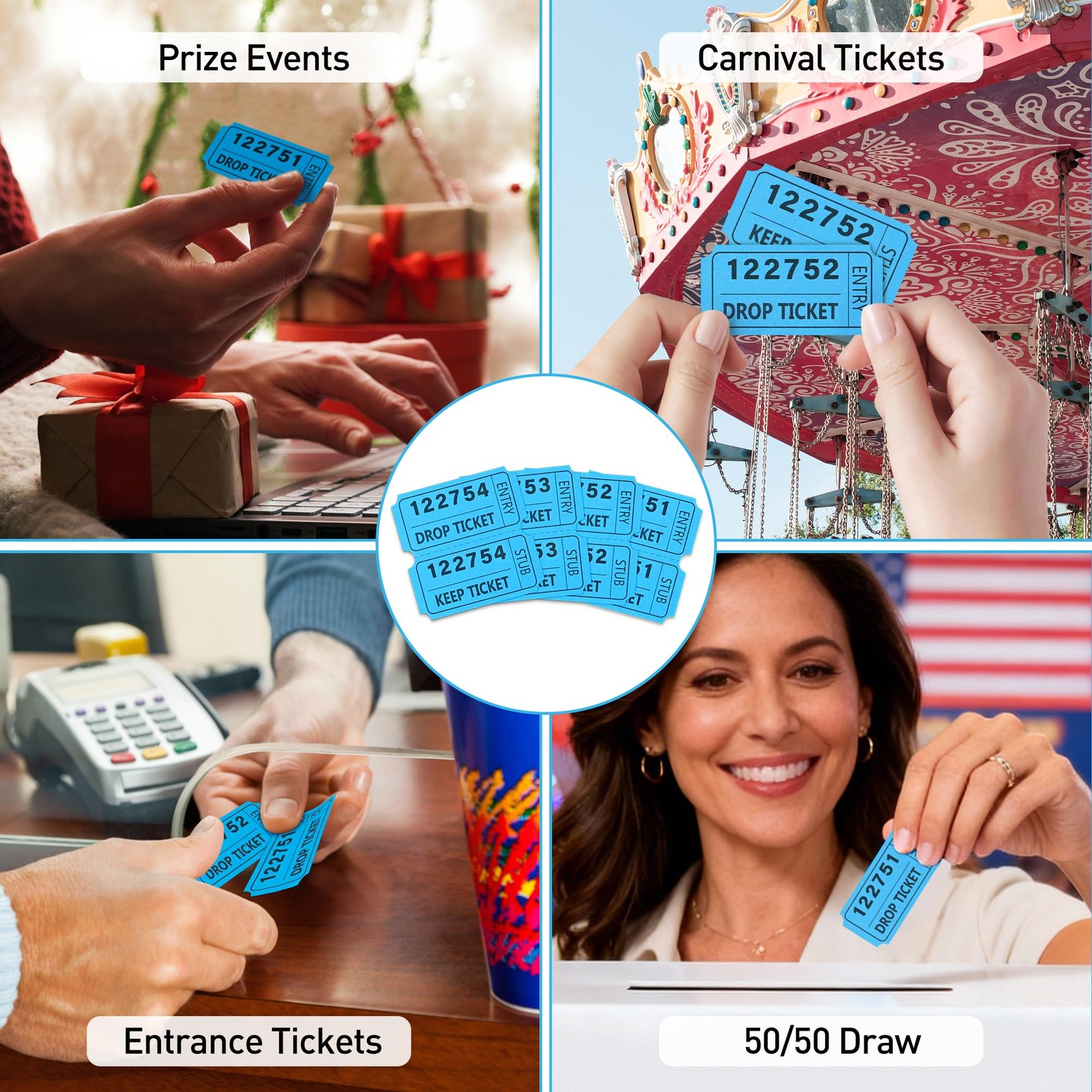 2″x2″ Blue 50/50 Raffle Tickets with Large Bold Numbers