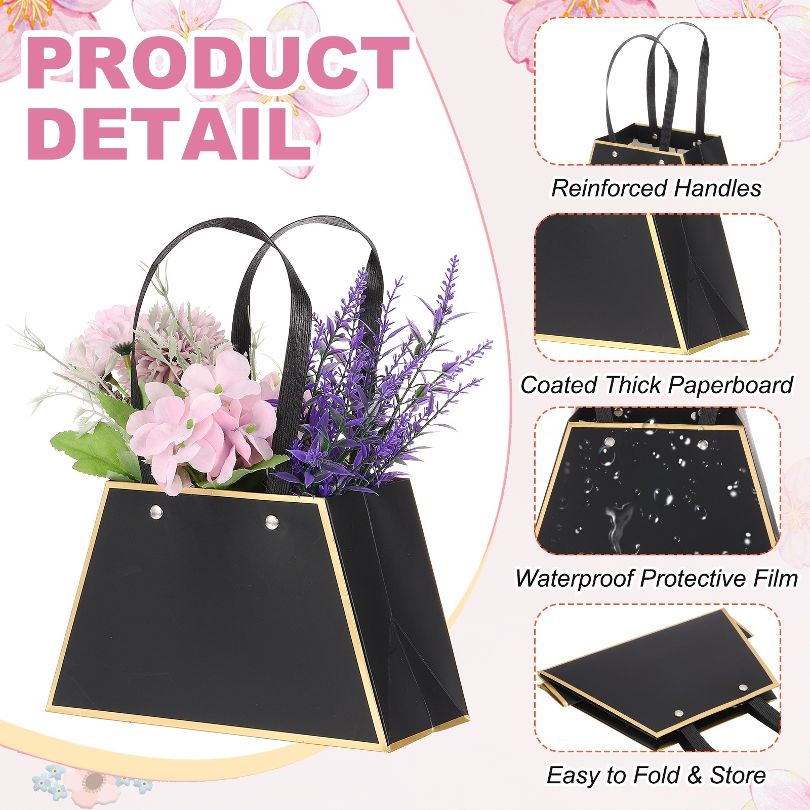 12 Pcs Flower Gift Bags Bouquet Wrapping Bag Paper Bouquet Bag Boxes Black