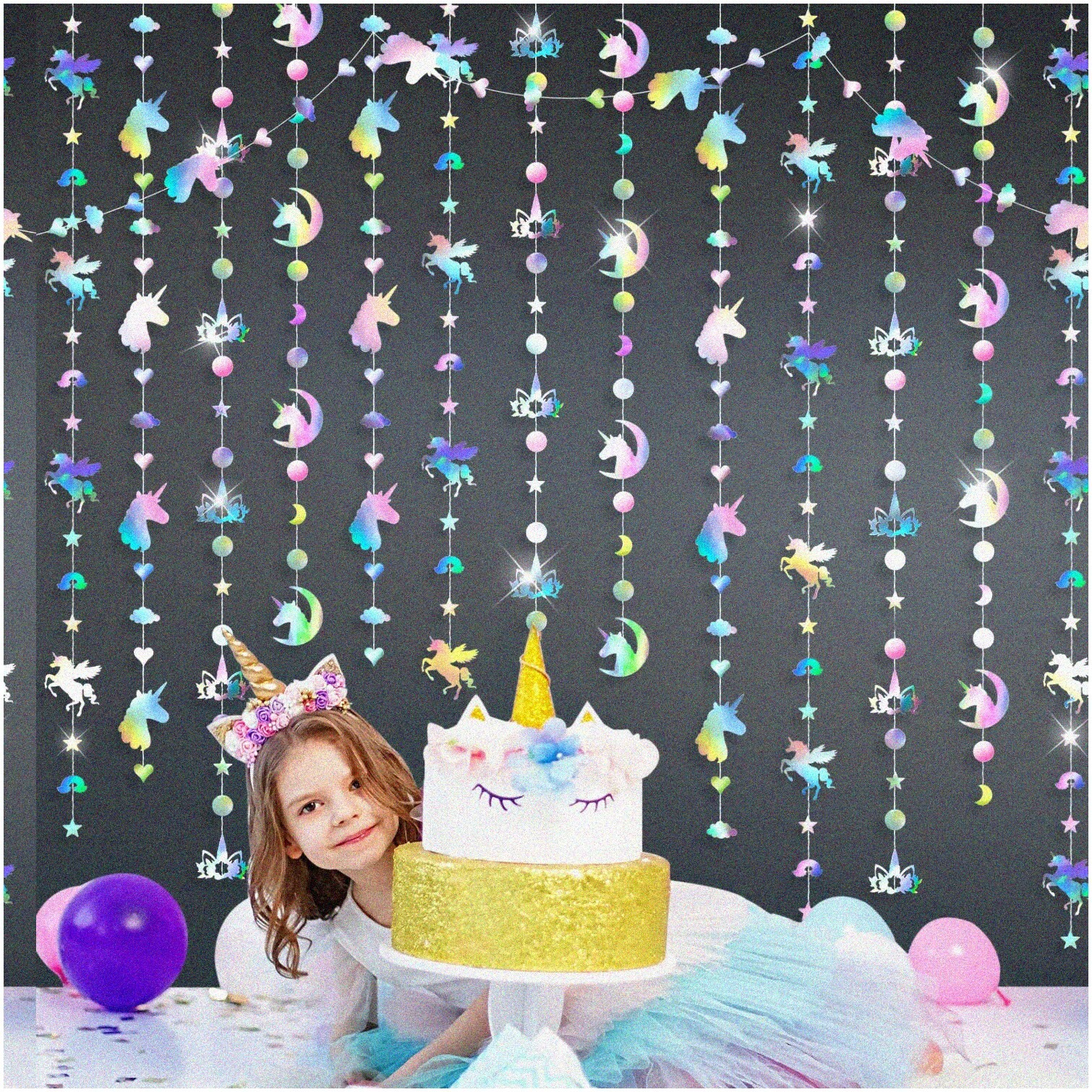Unicorn Party Decorations with Iridescent Swirls and Garland
