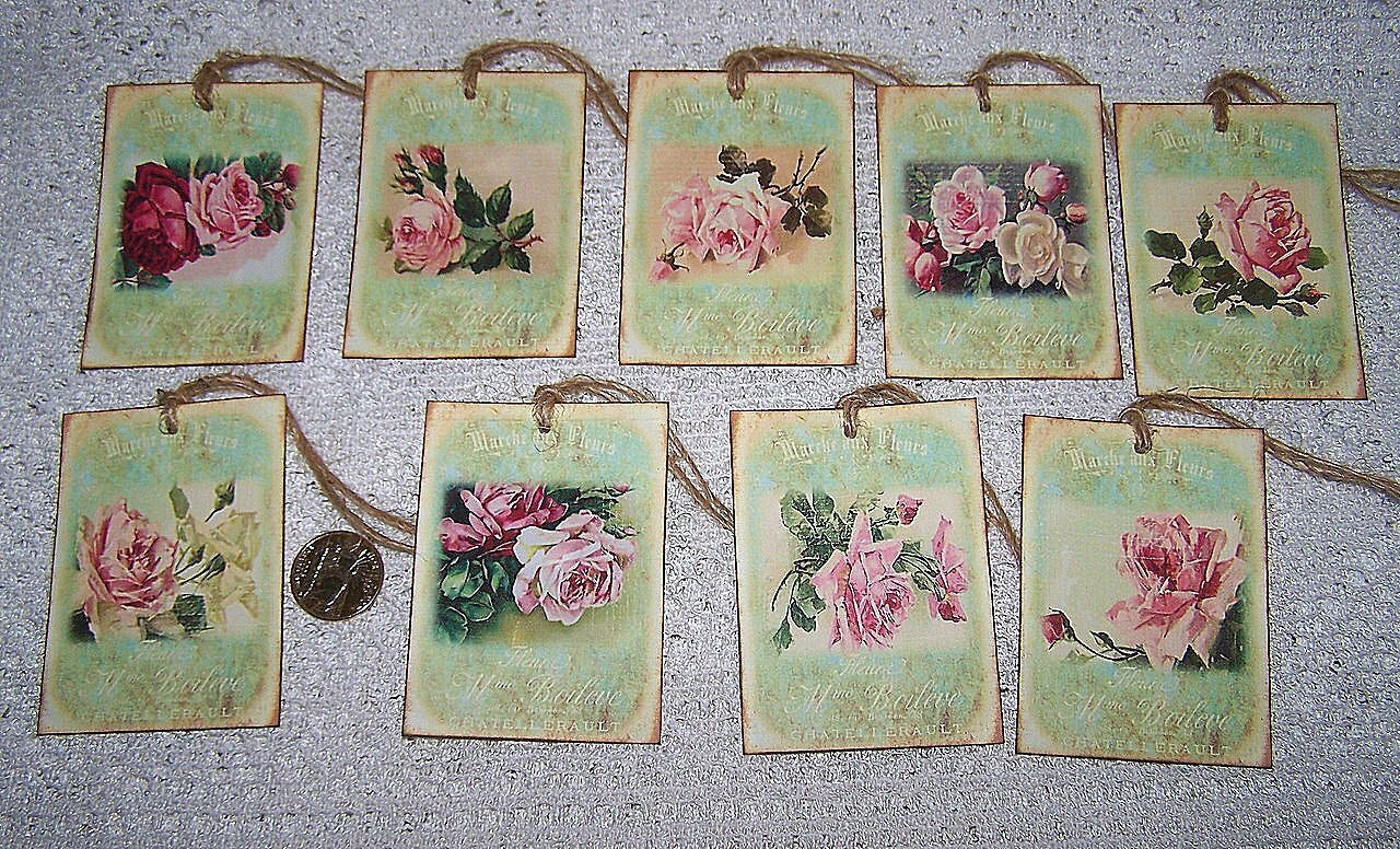 9~Vintage~French~Roses~Fleurs~Fussy Cut~Linen Cardstock~Gift~Hang~Tags