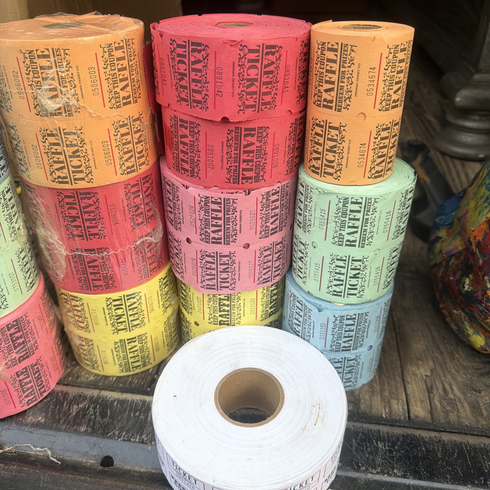 Rolls of double raffle tickets.